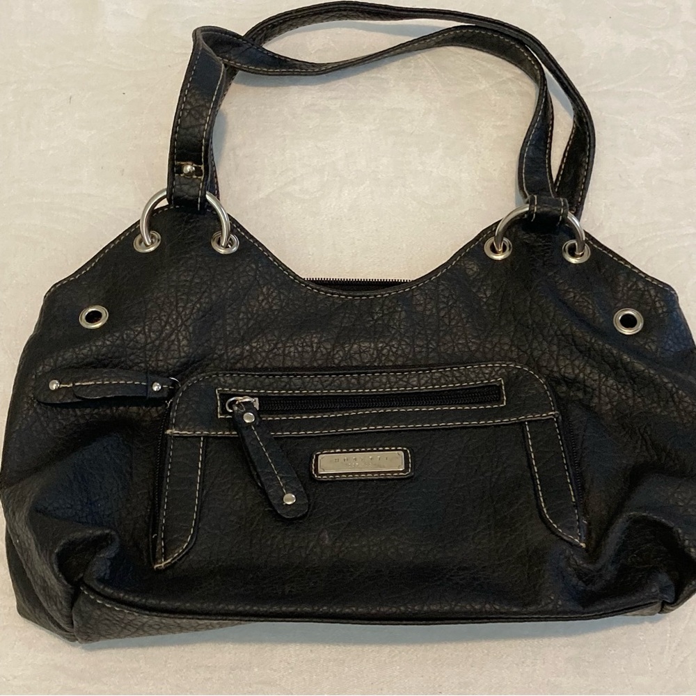 ROSETTI BLACK SOFT LEATHERLIKE MULTI POCKET CHROME DETAIL SHOULDER PURSE BAG